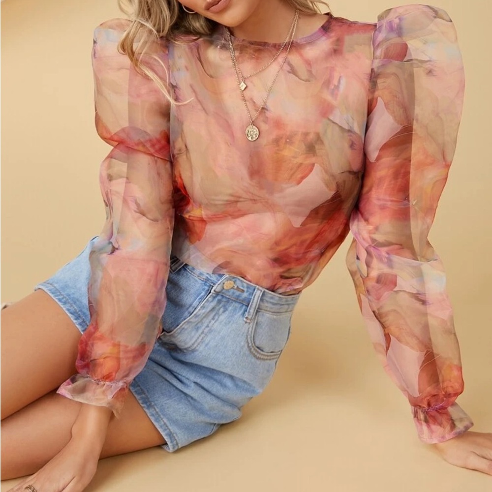 Watercolor Print Semi Sheer Puff Sleeve Top.